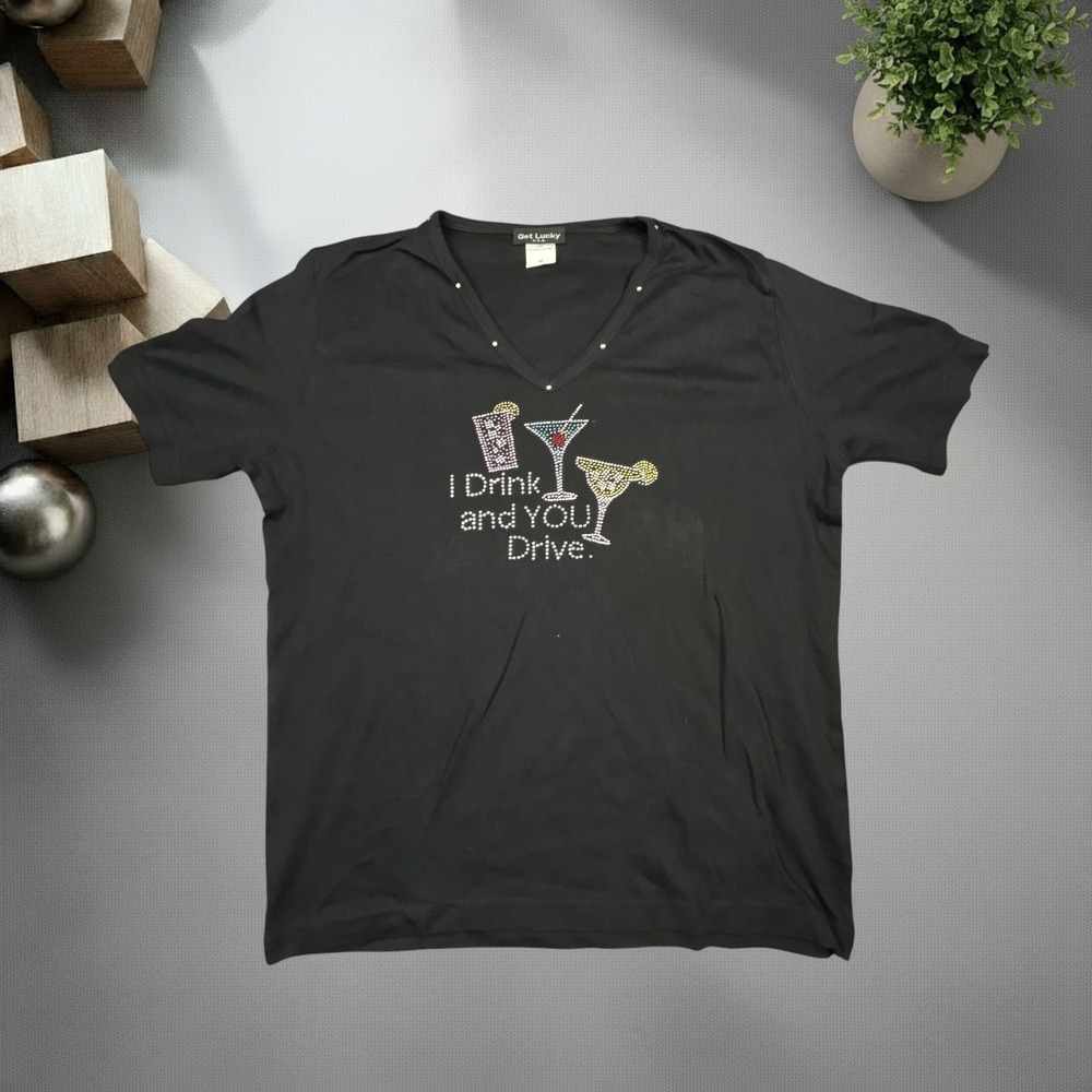 Get Lucky USA Vintage Y2K Rhinestone Cocktail V-Neck Graphic Tee Black Medium